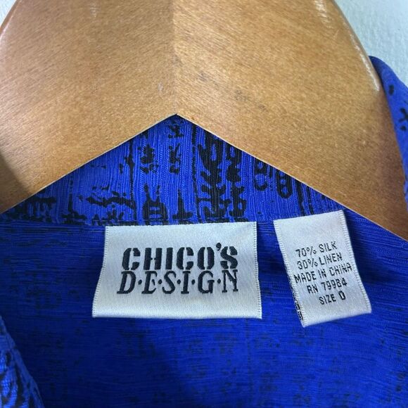 Chico’s‎ Design Blue Black Asian Print Silk Linen Button Front Top Size 0 (S) - Picture 4 of 11